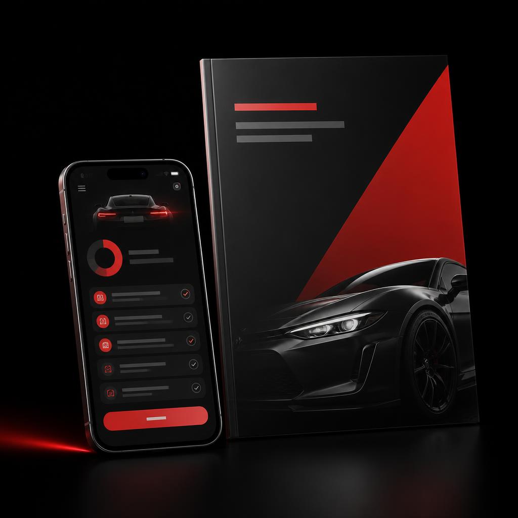 AutoCheck Web-App auf dem Smartphone neben der gedruckten AutoCheck-Checkliste